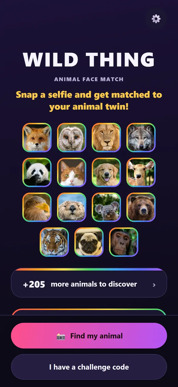 The WILD THING app's home screen, showing animal photos and a Find my animal button