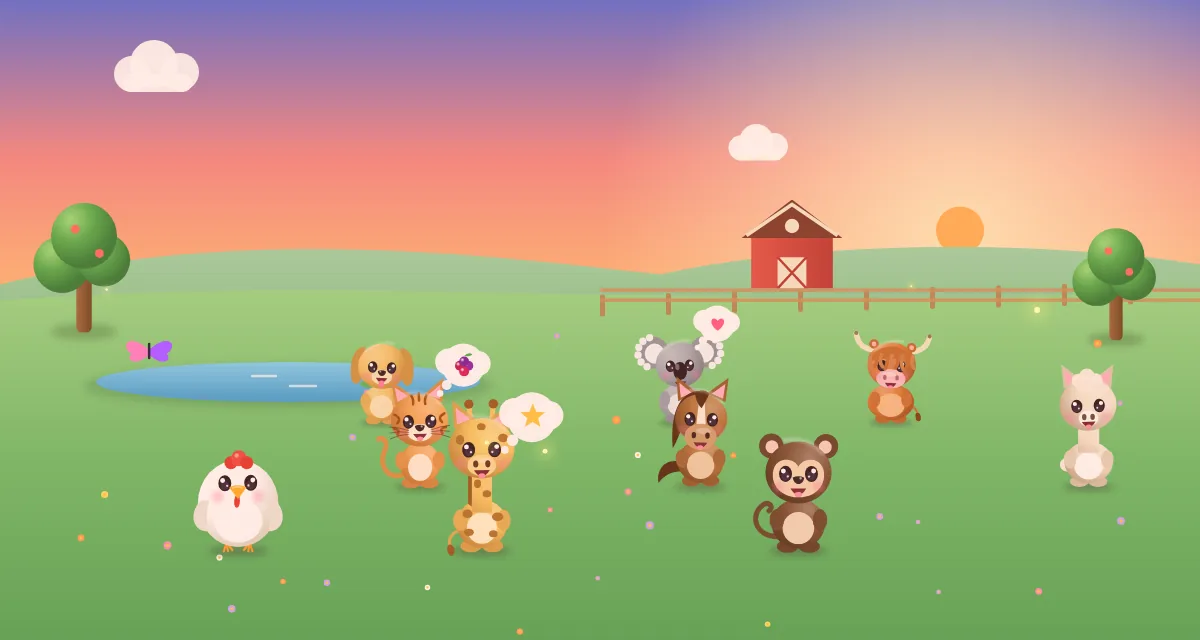 A sunset meadow sanctuary with a pond, a red barn and cartoon animals